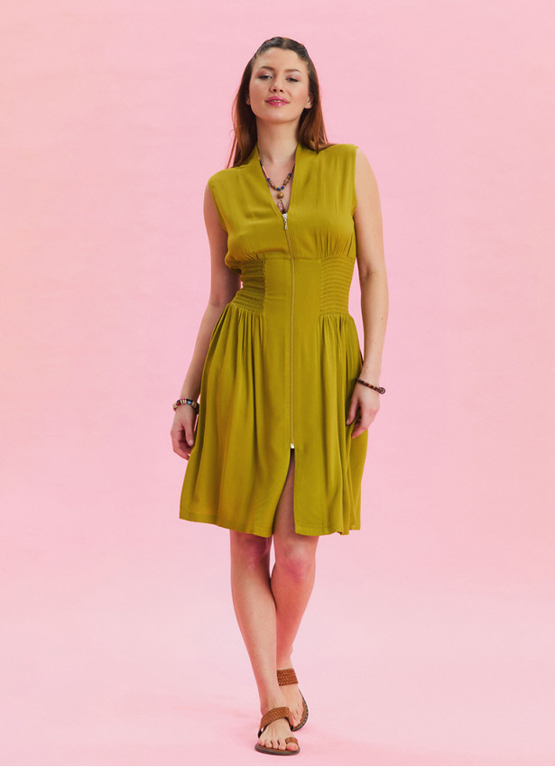 Olive Summer Dress with Stand Collar and Zipper Detail 4441